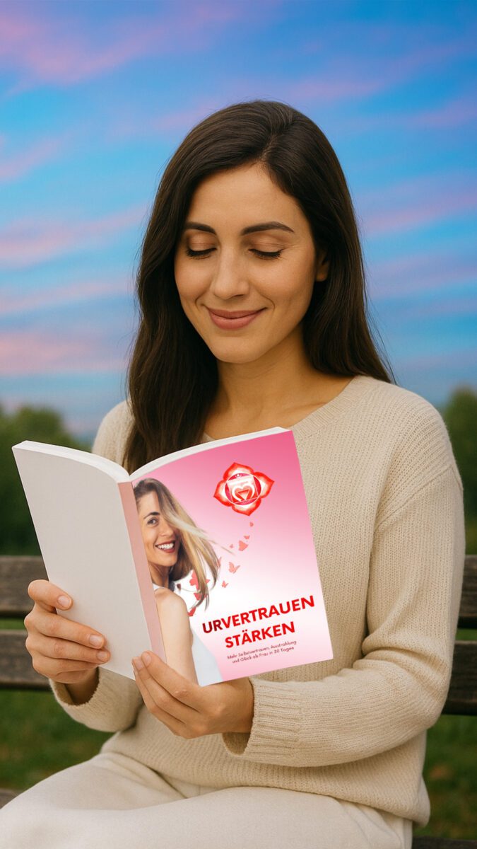 Frau liest das Buch „Urvertrauen stärken“ – 30-Tage-Prozess für mehr Selbstvertrauen, innere Ruhe und weibliche Kraft